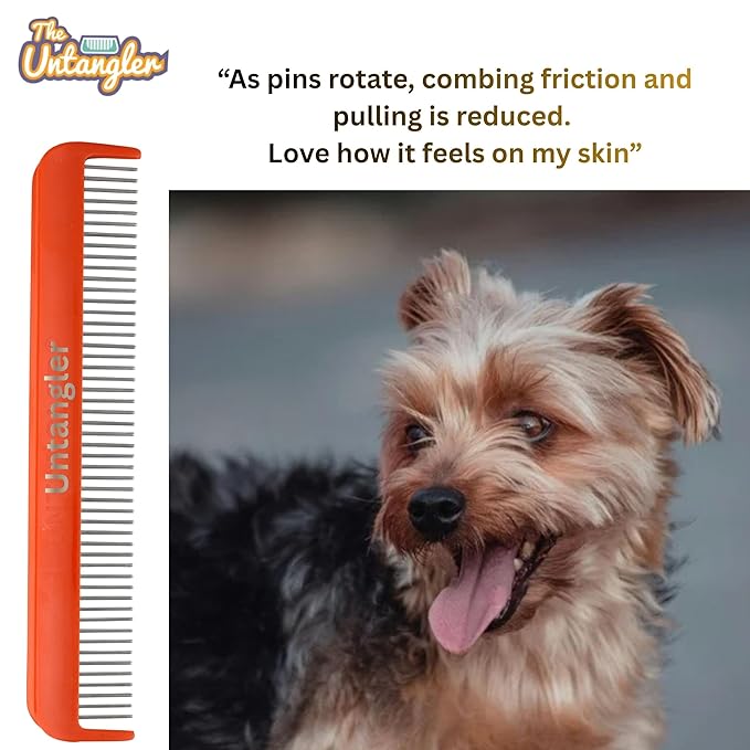 Pet comb for easy mat removal - silky smooth rotating teeth untangles without causing pain to pets (7", Orange Coral)