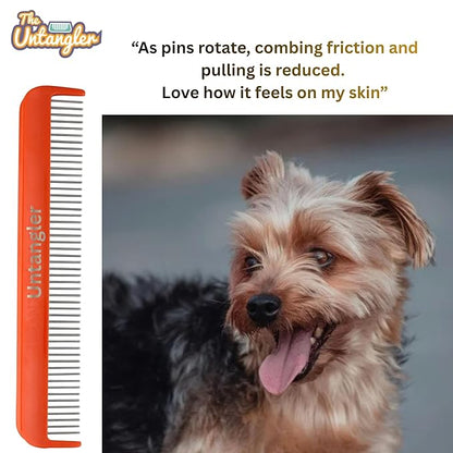 Pet comb for easy mat removal - silky smooth rotating teeth untangles without causing pain to pets (7", Orange Coral)
