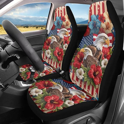Car Seat Covers Waterproof Hibiscus Eagle Patriot Car Seat Cover for Front Seat Set of 2 Washable Cover Anti-Slip Back Fabric Easy to Install Universal Fit Most Cars