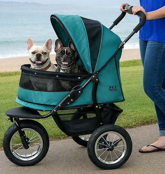 Pet Gear NO-Zip Double Pet Stroller, Zipperless Entry, for Single or Multiple Dogs/Cats, Plush Pad + Weather Cover Included, Large Gel-Filled Tires, Green Clover