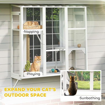PawHut Outdoor Catio, Cat Window Catio Box Enclosure for 2-3 Large Indoor Cats with 2 Jumping Platforms, Scratching Post, for Playing, Sunbathing, Napping, Cat Window Perch for Enjoying Sights, White