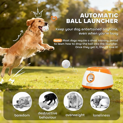 PawHut Automatic Dog Ball Launcher, Rechargeable Dog Ball Thrower with Remote Control, 3 Adjustable Distance (40ft/60ft/80ft), 6 ETPU Tennis Fetch Toys 2.5", Low Noise, for Medium Large Breeds, Orange