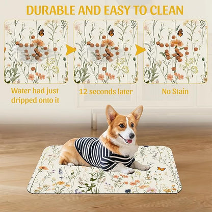 Vintage Wildflowers Herbs Pet Feeding Mat, Absorbent Bowl Pad, Quick Dry, Non-Slip Base, No Stains – 16x24 Inch