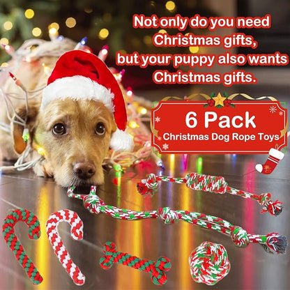 Christmas Dog Rope Toys 6 Pack - Pet Chew Toys Set for Aggressive Chewers Small Medium Dogs Puppy Large Breed Interactive Dog Ball Toys Training Playing Teeth Cleaning, for Xmas Party Indoor Outdoor