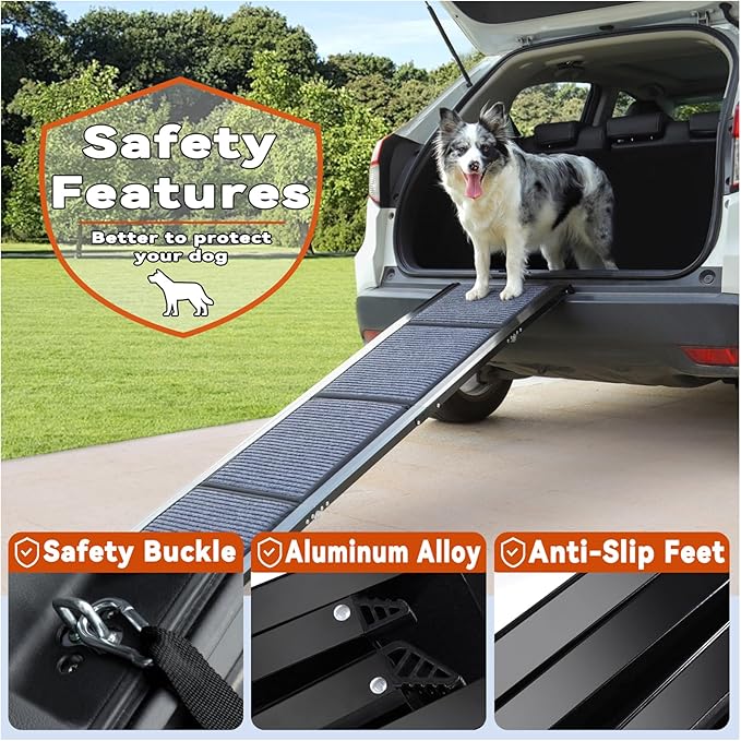 71" X-Long Dog Ramp for Car, Foldable Dog Ramps for Large Pets, Portable Dog Ramp for Truck, 17" Wide Dogs Car Ramp with Non-Slip Rug Surface, Pet Ramps for Large Dogs Up to 250LBS for SUV Truck-XL