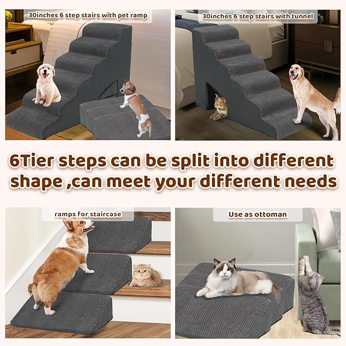 30 Inch Dog Stairs for High Bed, 6 Steps Memory Foam Pet Steps with 3 Ramps for Senior Dogs & Cats, Non-Slip Washable Pet Stairs for Couch Sofa Bed, Grey