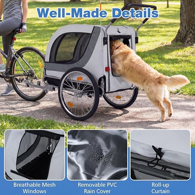 Giantex 2-in-1 Dog Bike Trailer & Pet Stroller for Large Dogs – Foldable Pet Carrier Cart with Front Caster & 2 Air-Filled Tires, Breathable Mesh, PVC Rain Cover, 176 lbs Capacity