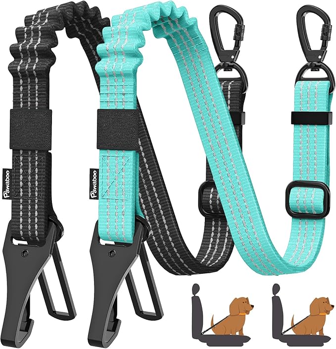Pawaboo 2Pack Dog Seatbelt for Car, 3-in-1 Dog Car Seat Belt, Shockproof Dogs Tether with Buckle & Hook Latch, Adjustable Reflective Dogs Cars Leash with 360° Lockable Buckle, Lake Blue + Black