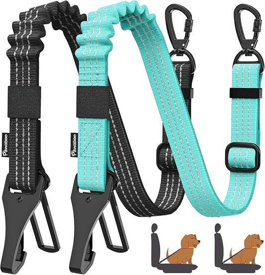 Pawaboo 2Pack Dog Seatbelt for Car, 3-in-1 Dog Car Seat Belt, Shockproof Dogs Tether with Buckle & Hook Latch, Adjustable Reflective Dogs Cars Leash with 360° Lockable Buckle, Lake Blue + Black
