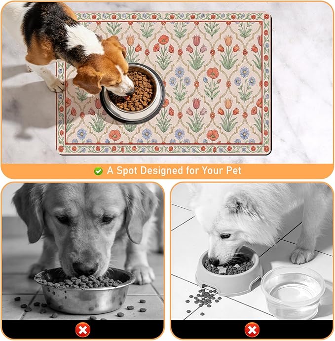 Dog Bowl Mat for Food and Water - Hamdwerk Absorbent Anti Slip Cat Feeding Mats for Floors, Quick Dry Pet Dog Feeding Matts, Diatomite Pet Dish Placemat Supplies, Vintage Floral Style, 16 * 240in