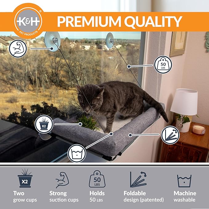 K&H Pet Products EZ Mount Cat Window Perch Deluxe Bolstered Kitty Sill with Cat Grass Grow Station - Hammock Window Bed for Indoor Pets, Home Grown Grass Toy for Bored Indoor Felines
