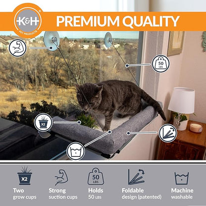 K&H Pet Products EZ Mount Cat Window Perch Deluxe Bolstered Kitty Sill with Cat Grass Grow Station - Hammock Window Bed for Indoor Pets, Home Grown Grass Toy for Bored Indoor Felines