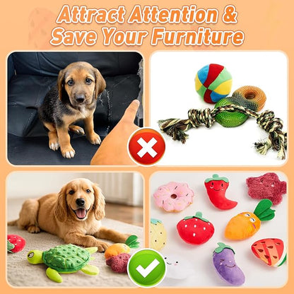 Squeaky Dog Toys, Small Puppy Toys, Cute Interactive Pets Toys Bulk for Small Medium Dogs Soft Plush Dog Toy Squeakers Pet Teething Chewers Fruit Vegetables Animals Set 15 Packs
