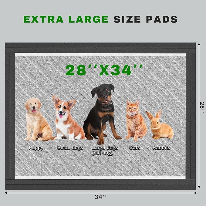 Charcoal Puppy Pads 28x34 Inches Extra Large Dog Pee Pads Odor-Control & Leak-Proof Disposable Pet Training Edge-Wrapping Thicken Potty Pad for Dogs, Cats, Rabbits (100 Pieces)