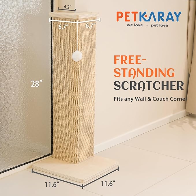 PETKARAY Couch Corner Cat Scratcher, 28'' Corner Wall Scratching Post, Sisal Cat Scratch Pad for Sofa & Furniture Protection with Toy Ball