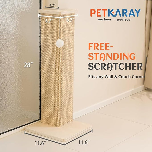 PETKARAY Couch Corner Cat Scratcher, 28'' Corner Wall Scratching Post, Sisal Cat Scratch Pad for Sofa & Furniture Protection with Toy Ball