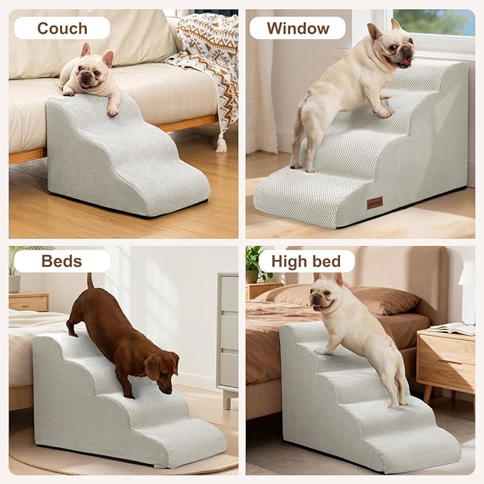 Dog Stairs for Bed 22.4”H,5-Step Dog Ramp for Small Dogs & Cats,Pet Steps for Dogs to get on High Bed, Indoor Anti-Slip Pet Stairs for Old Cats and Puppy,Light Grey