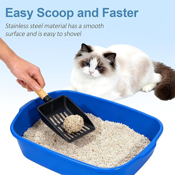 Cat Litter Scoop, Metal Litter Scoop, Heavy Duty Metal Cat Scooper for Litter Box, Black Sifter Scoop for Pellets, Wooden Handle Scoop with Hole, Kitty Necessity (Short)