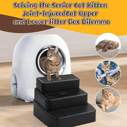 BALAPET Adjustable 3 Steps Litter Box Ramp with Filter Function, Detachable Litter Trapper, Easy Clean Cat Litter Stair for Small & Elderly Cats(Black)