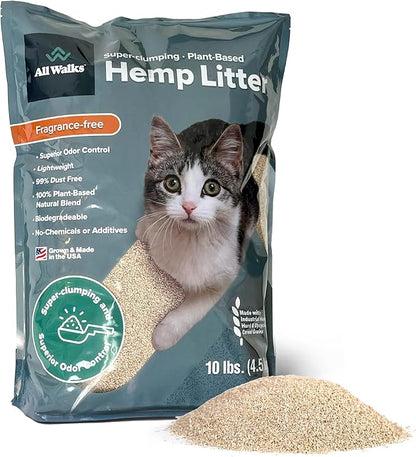 All Walks Plant Based Hemp Kitty Litter | 10 lb Bag | Super Clumping | Fragrance Free Kitty Litter | Odor Control for Cats