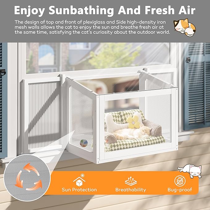 MUPATER Cat Window Box, Catio Outdoor Cat Enclosure Perch, Fits Double Hung Frames 26" to 42" Wide, All-Weather Use Wooden Window Kitty House, for Napping, Sunbathing & Nature Viewing, White