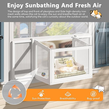 MUPATER Cat Window Box, Catio Outdoor Cat Enclosure Perch, Fits Double Hung Frames 26" to 42" Wide, All-Weather Use Wooden Window Kitty House, for Napping, Sunbathing & Nature Viewing, White