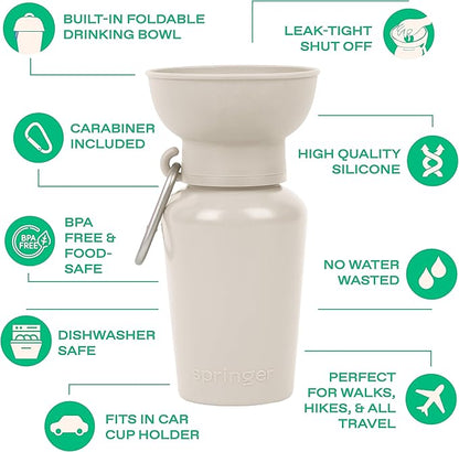 Springer Flip Portable Dog Water Bottle with Foldable Food Grade Silicone Bowl - 20 Ounce Travel Dog Water Bottle Ideal for Camping - Easy Squeeze Hydration & Release to Drain