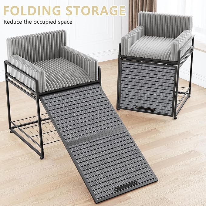 Pet Stairs Ramp with Seat,Dog Window Perch with Stairs and Storage,Dog Seat with Ramp Steps,Folding Pet Ramp for Dogs Cats,Bunk Bed Chair with Sofa Cushion for Bed Couch Office,Hold Up to 110 lbs
