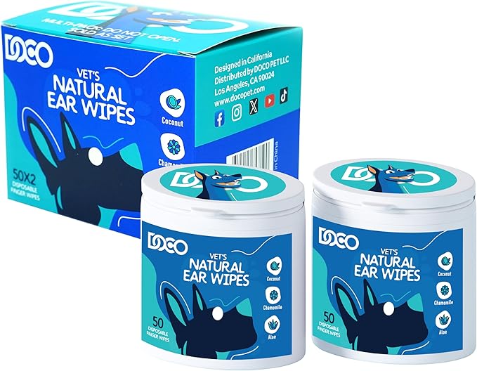 DOCO Dog Ear Cleaning Wipes (100 Count) | Finger Ear Wipes for Dogs & Cats with Eucalyptus, Chamomile & Aloe | Gently Clean, Itchy Ears, Soothes & Deodorizes