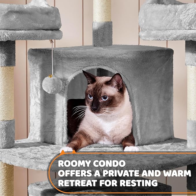 Yaheetech | 68.5in Cat Tree | for Large Cats | Multi-Level Cat Tower with 3 Wide Perches, Large Condo | Stable Pet Play House w/Sisal-Covered Scratching Posts & Board | Light Gray