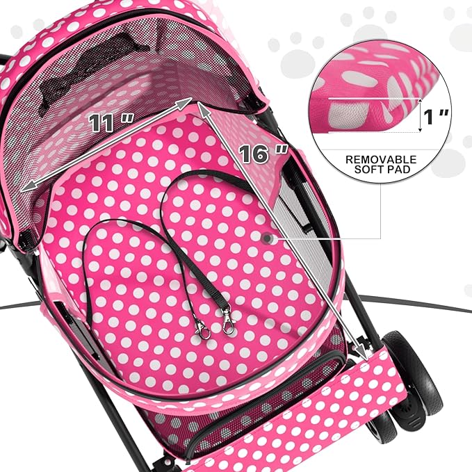 MoNiBloom 4 Wheels Pet Stroller, Easy-Fold Umbrella Shaped Dog Cat Jogger Stroller w/Storage Bag & Visible Mesh for Small/Medium Dogs Cats Hot Pink Polka Dots