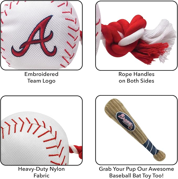 MLB ATLANTA BRAVES Baseball Rope Toy for DOGS & CATS. Tough nylon, Sporty Baseball Design, Heavy-duty ropes with Inner SQUEAKER