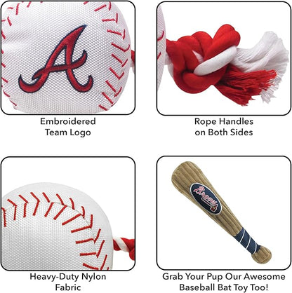 MLB ATLANTA BRAVES Baseball Rope Toy for DOGS & CATS. Tough nylon, Sporty Baseball Design, Heavy-duty ropes with Inner SQUEAKER