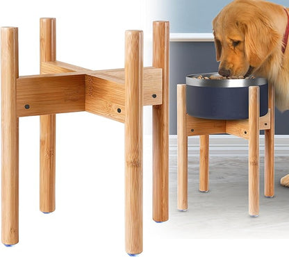 Dog Bowl Stand - Mid-Large Dogs Suitable - Elevate, Raise Bowl to 12-inch High - Adjustable, Fits Any Pet Food/Water Feeders, and Fountains - Durable Bamboo