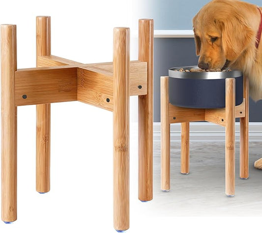 Dog Bowl Stand - Mid-Large Dogs Suitable - Elevate, Raise Bowl to 12-inch High - Adjustable, Fits Any Pet Food/Water Feeders, and Fountains - Durable Bamboo
