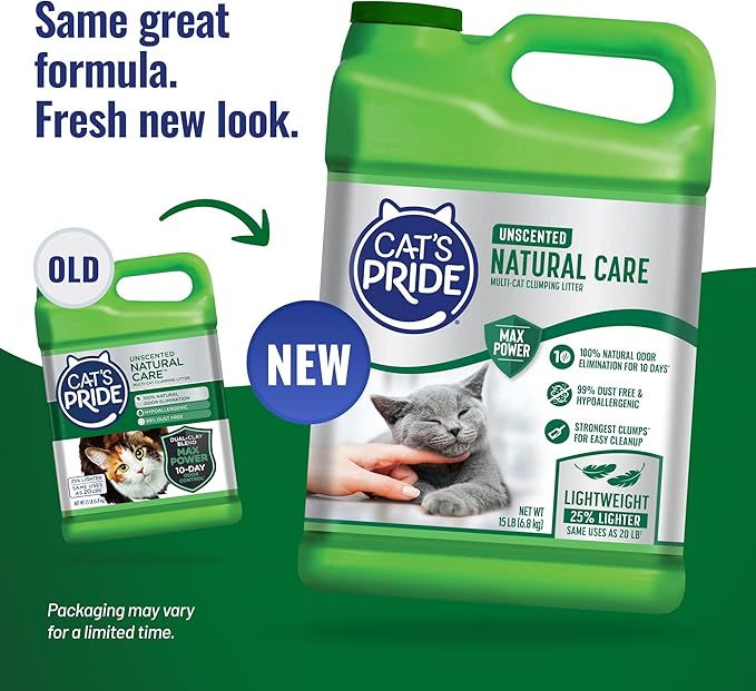 Cat's Pride Max Power: Natural Care - Up to 10 Days of Powerful Odor Control - 100% Natural Odor Elimination - Hypoallergenic - 99% Dust Free - Multi-Cat Clumping Litter, Unscented, 15 Pounds