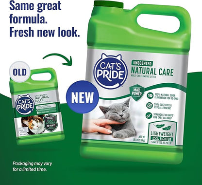 Cat's Pride Max Power: Natural Care - Up to 10 Days of Powerful Odor Control - 100% Natural Odor Elimination - Hypoallergenic - 99% Dust Free - Multi-Cat Clumping Litter, Unscented, 15 Pounds