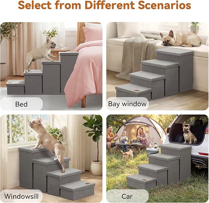 Dog Stairs with Storage 23" H, 4-Step Wider Dog Steps for High Beds Window, Folding Sturdy Pet Stairs Gift for Injured Old Dogs Cats, Ramp for Climbing Car Up to 200 lbs,(Gray, No Condo)