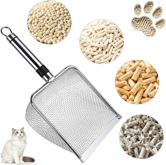2-Pack Stainless Steel Cat Litter Scoop, 3.8mm Fine Mesh & 5mm Metal Scooper, 5.5-Inch Wide Deep Shovel, Long Handle, Rustproof Cat Poop Scooper for Clumping Litter, Multi-Pet & Beach Sand