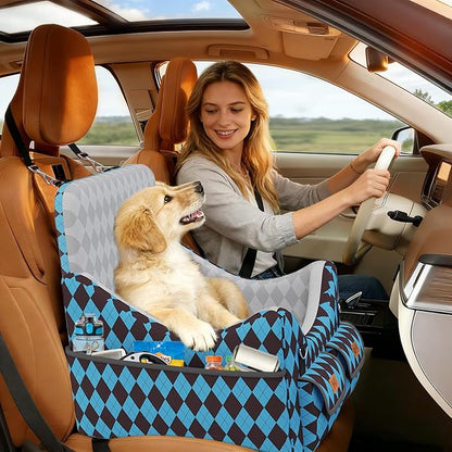 Dog Car Seat for Small/Medium Dogs up to 35lbs, 4-Pocket Storage Memory Foam Dog Booster Seat, Detachable Washable Pet Car Seat with Safety Belt, Outdoor & Indoor Use (Light Blue/Coffee)