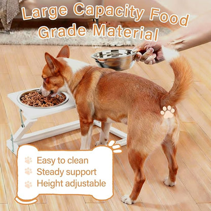 Elevated Dog Bowls for Large Medium Dogs, 3 Heights Adjustable Raised Dog Bowl Stand with 2 Stainless Steel Food Bowls 20°Tilted Elevated Easy to Clean Water Bowl (White, Large)