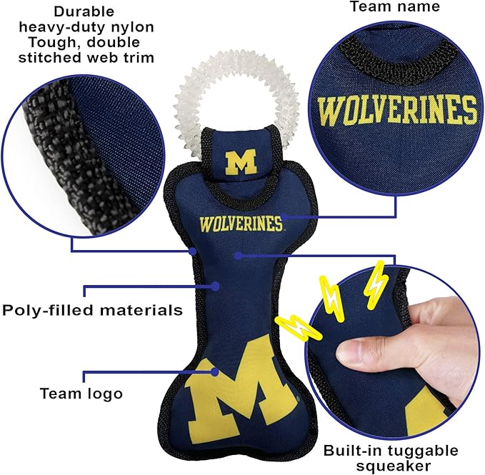 Pets First NCAA Michigan Wolverines Dental Dog TUG Toy with Squeaker. Tough PET Toy for Healthy Fun, Teething & Cleaning Pets Teeth & Gum