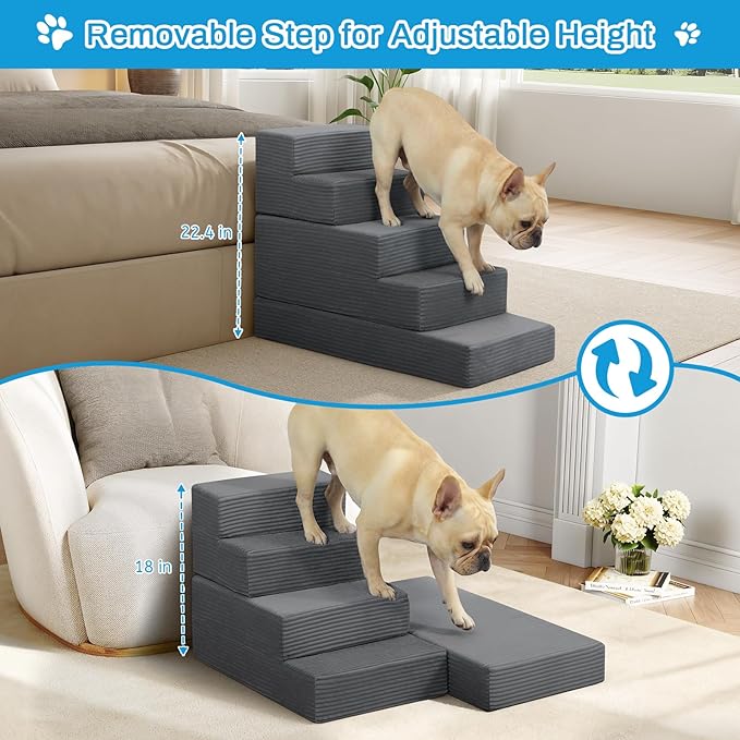 Dog Stairs for Small Dogs, 5 Step Pet Stairs for High Beds and Couch, Dog Steps for Bed Balanced 22.4" H, Foldable Pet Ramp for Large Cats Climb, Non-Slip Bottom Doggy Step, Dark Grey