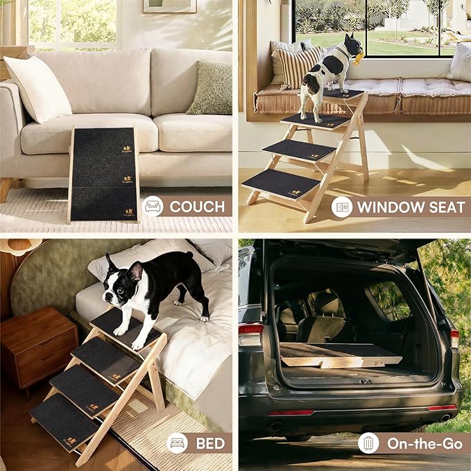 Luciphia Wooden Dog Stairs for Small Dogs 2-in-1 Foldable Dog Steps for Beds Cars Couch Anti-Slip Pet Ramp with 3 Steps Indoor Pet Stairs for Medium Large Older Pets Cats up to 220lbs
