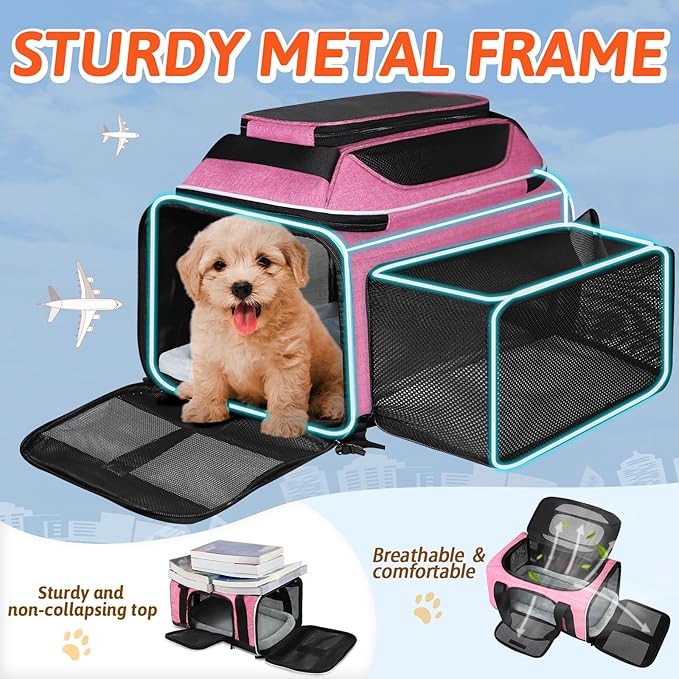 Petskd Top and Side Expandable Pet Carrier 18x11x11 Inches Delta United Airline Approved, Soft-Sided Carrier for Small Cats and Dogs with Locking Safety Zippers and Anti-Scratch Mesh(Pink)