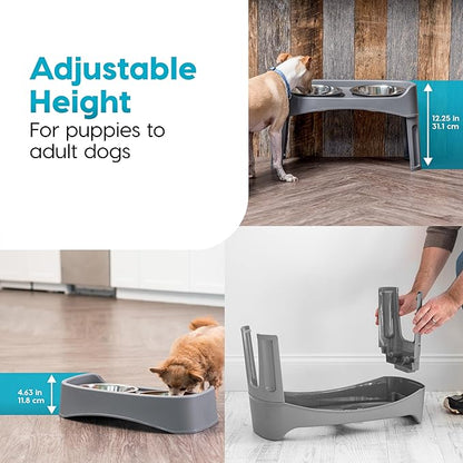 IRIS USA Adjustable Elevated Dog Bowls, Raised Feeder with 2 Stainless Steel 64 oz Bowls, Spill-Guard Rim, 12.25" or 4.63" Heights, Durable Plastic, Made in USA, Dark Gray