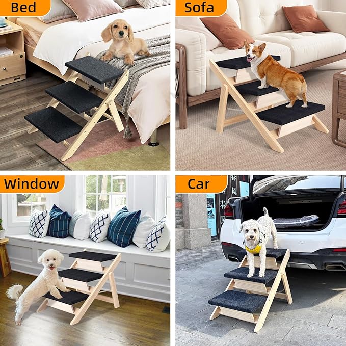 Dog Stairs/Ramp for Bed, Wooden 2-in-1 Foldable Pet Stairs & Ramp, Portable Dog Ladder Up to 180 Pound for Elderly/Short-Legged Dogs, 3 Steps for Beds, Couch, Cars