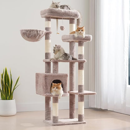 Cat Tree for Indoor Cats, 55.1 inch Cat Tower with 7 Sisal Scratching Posts, Multi-Level Cat Condo wit Large Play Platform Furry Ball, Cat Cave, 2 Padded Perches, Basket, Mushroom GCT013MU