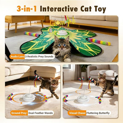 Hide and Seek Cat Toy Mat, 3-in-1 Interactive Cat Toys for Indoor Cats with Fluttering Butterfly & Moving Concealed Feathers, 3 Prey Sounds, Rechargeable Auto Play Mat for Bored Adult Cats & Kittens