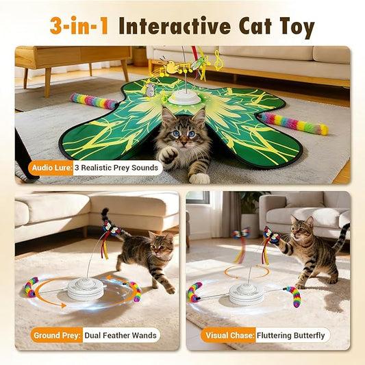 Hide and Seek Cat Toy Mat, 3-in-1 Interactive Cat Toys for Indoor Cats with Fluttering Butterfly & Moving Concealed Feathers, 3 Prey Sounds, Rechargeable Auto Play Mat for Bored Adult Cats & Kittens
